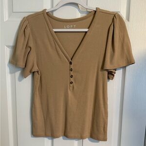 Ann Taylor LOFT Tan V-Neck Button Front Puff Sleeve Top - Size M